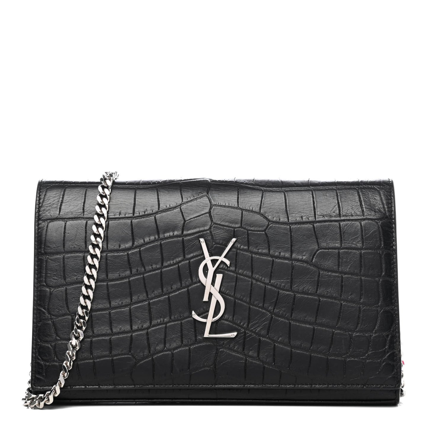 Calfskin Crocodile Embossed Monogram Chain Wallet Black
