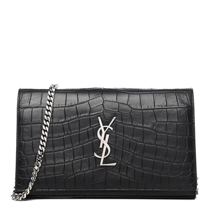 Saint Laurent Calfskin Crocodile Embossed Monogram Chain Wallet Black 1 of 4