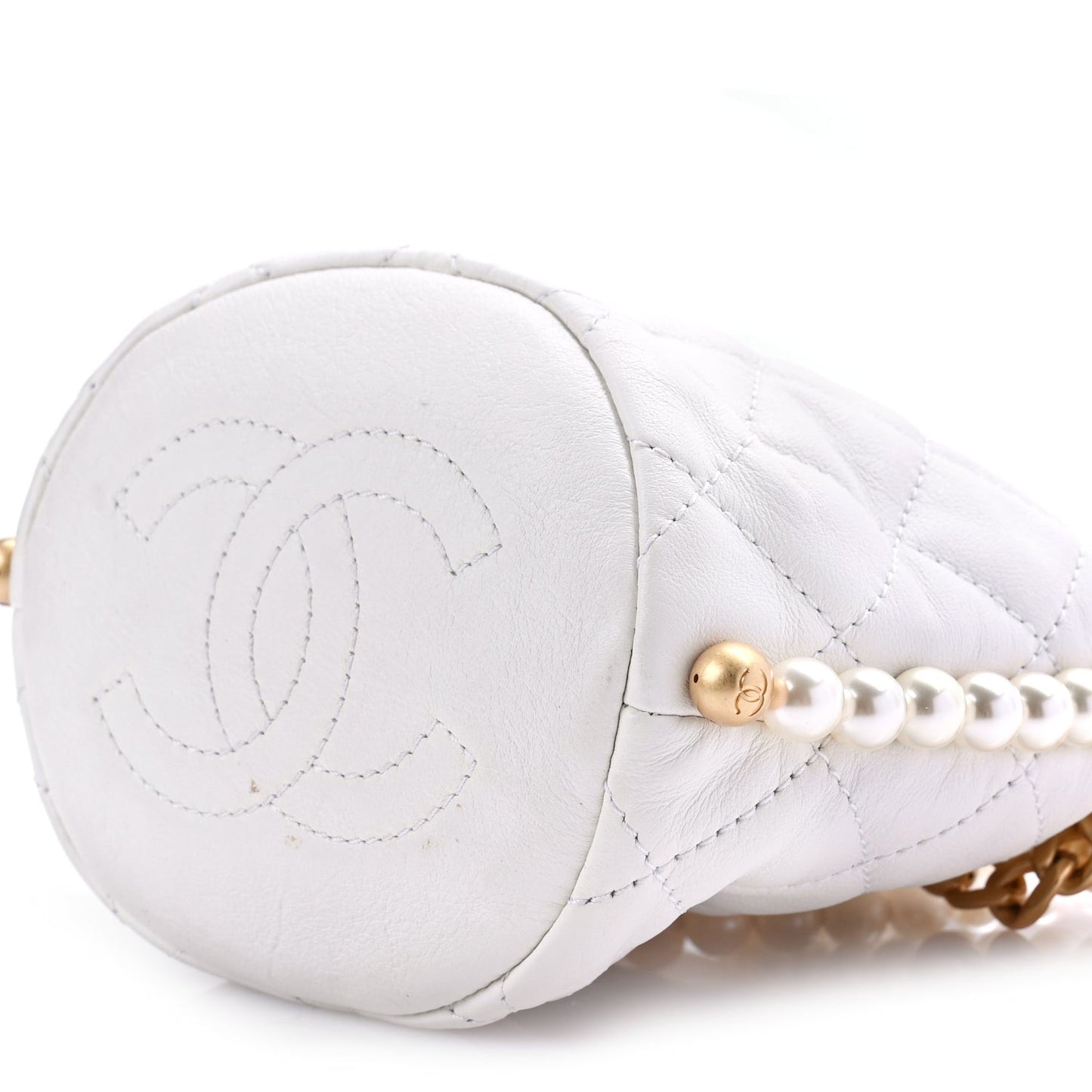 Calfskin Quilted Pearl Mini About Pearls Drawstring Bucket Bag White