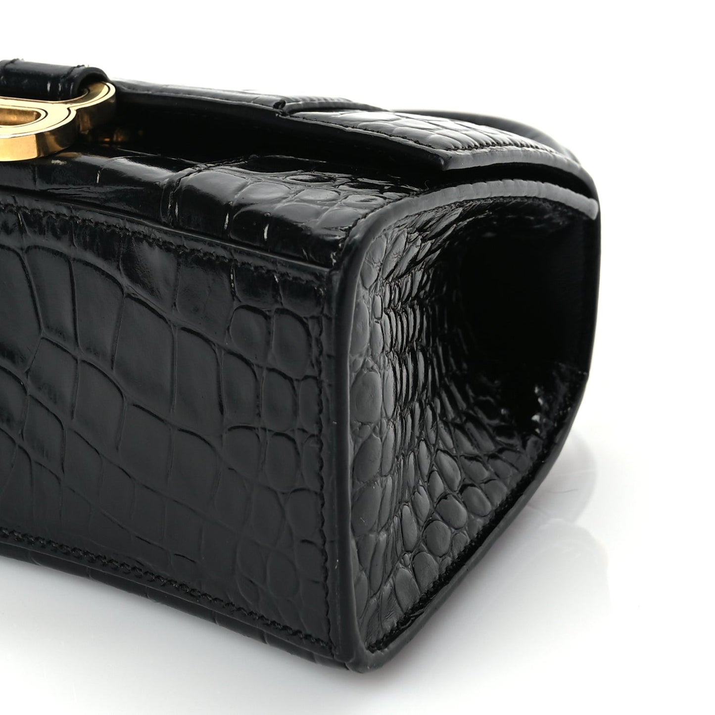 Shiny Calfskin Crocodile Embossed Hourglass Top Handle Bag XS Black