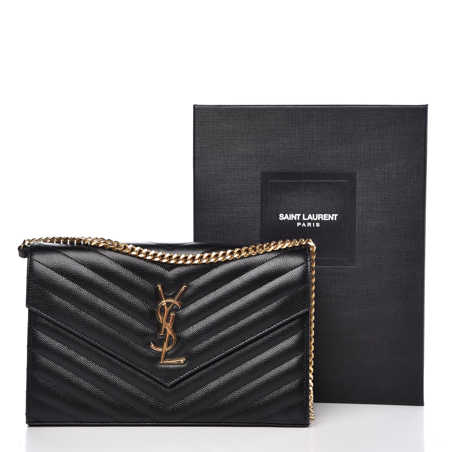 Saint Laurent Grain De Poudre Matelasse Chevron Monogram Chain Wallet Black 9 of 9