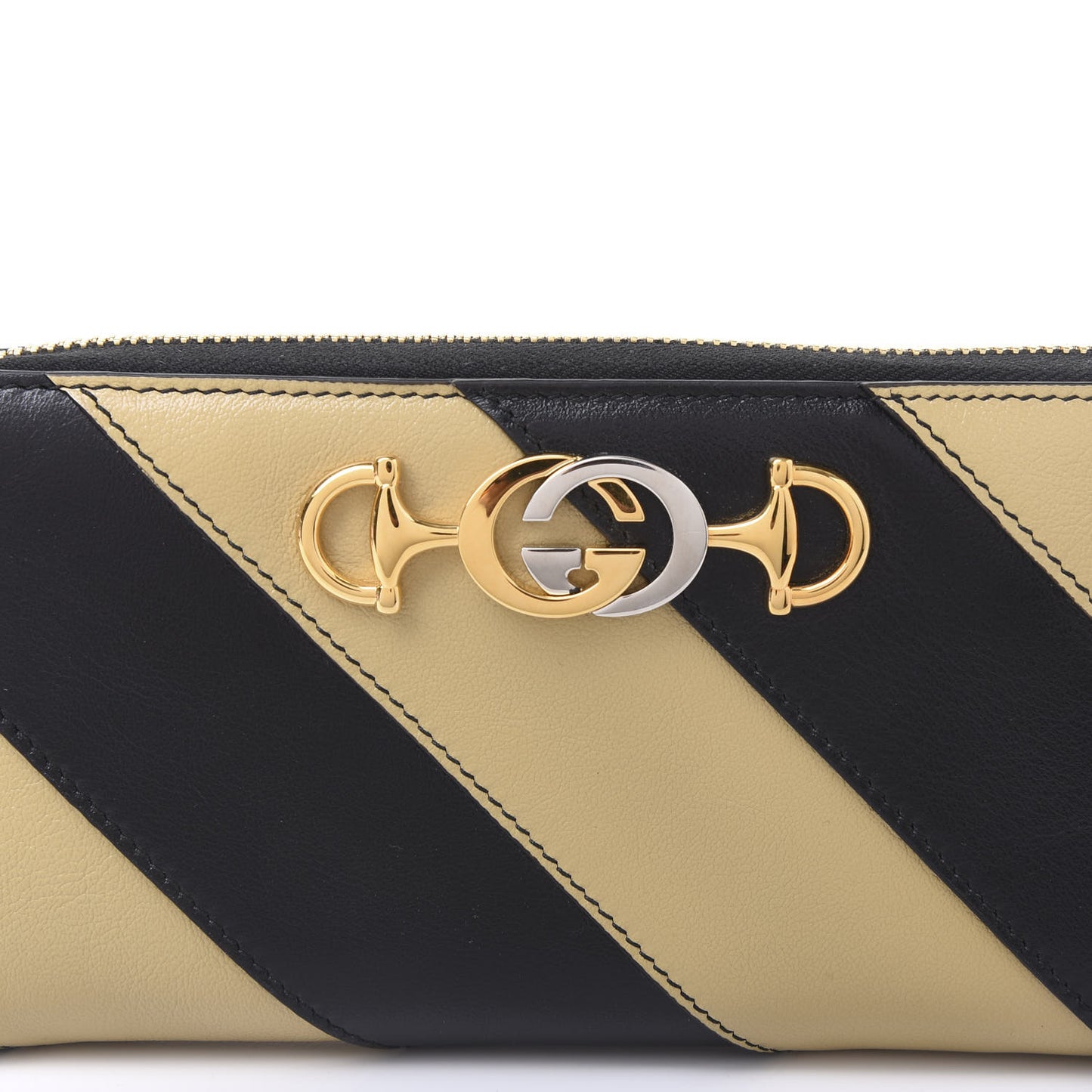 Smooth Calfskin Diagonal Striped Zumi Zip Around Wallet Black Beige