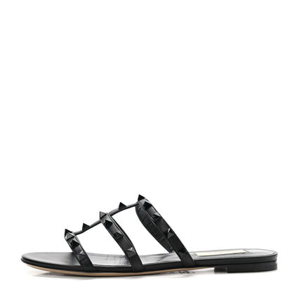 Valentino Garavani Nappa Monochrome Rockstud Caged Flat Slide Sandals 37 Black 1 of 13