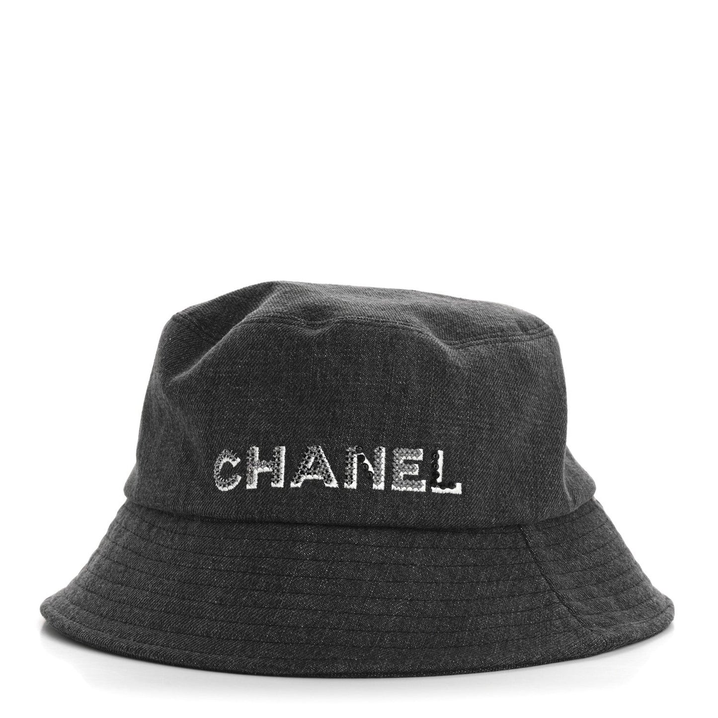 Denim Sequin Cloche Logo Bucket Hat M Black