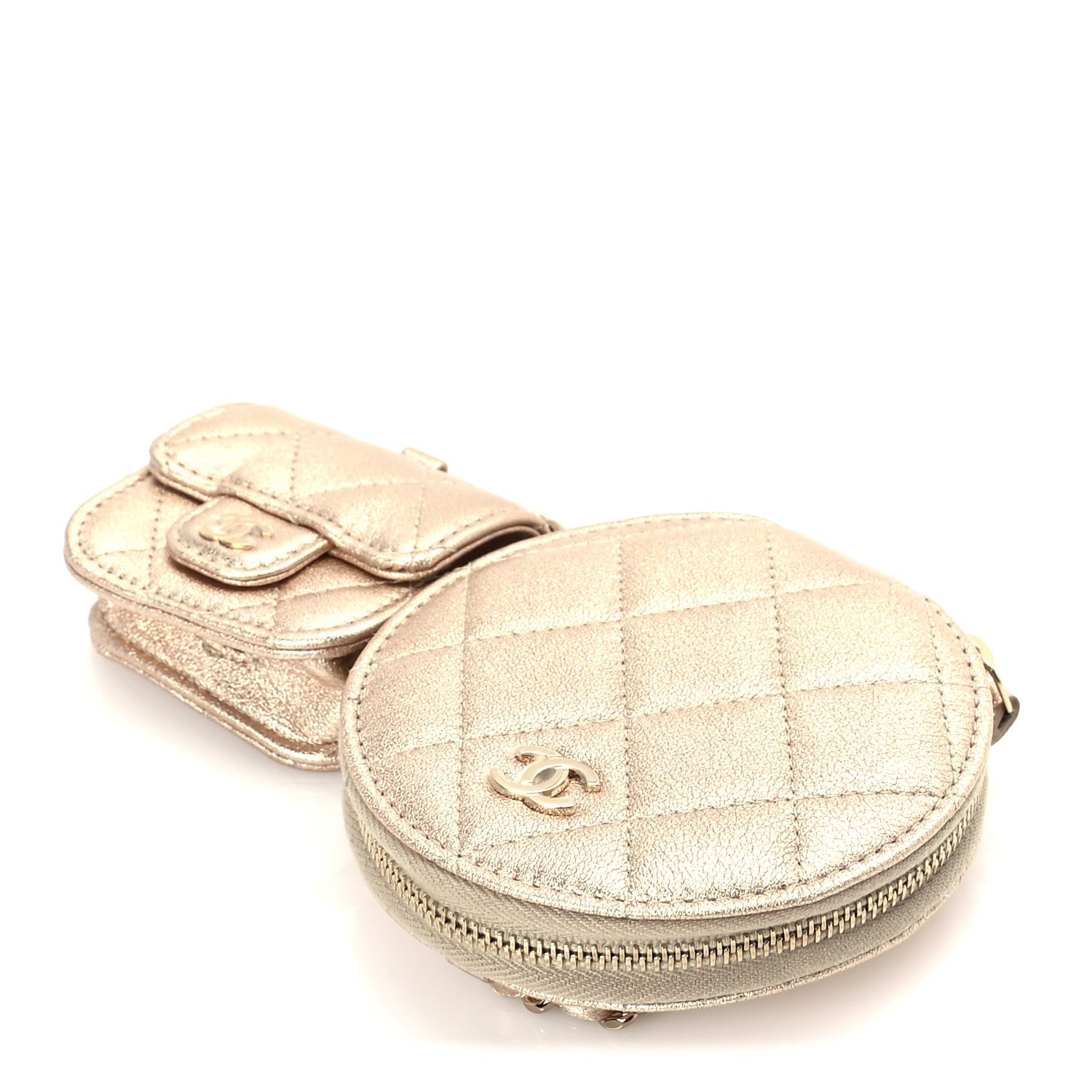 Chanel Metallic Lambskin Quilted Round Clip On Coin Purse Airpods Case  Gold 9 of 9