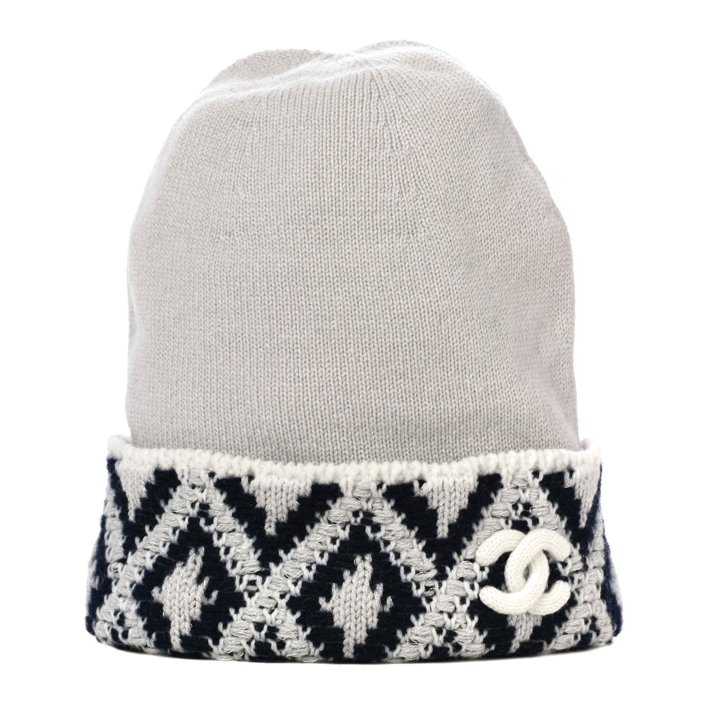 Cashmere Blend CC Beanie Hat White Navy Blue
