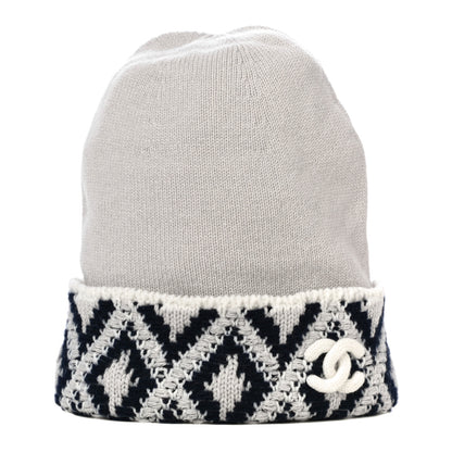 Chanel Cashmere Blend CC Beanie Hat White Navy Blue 1 of 10