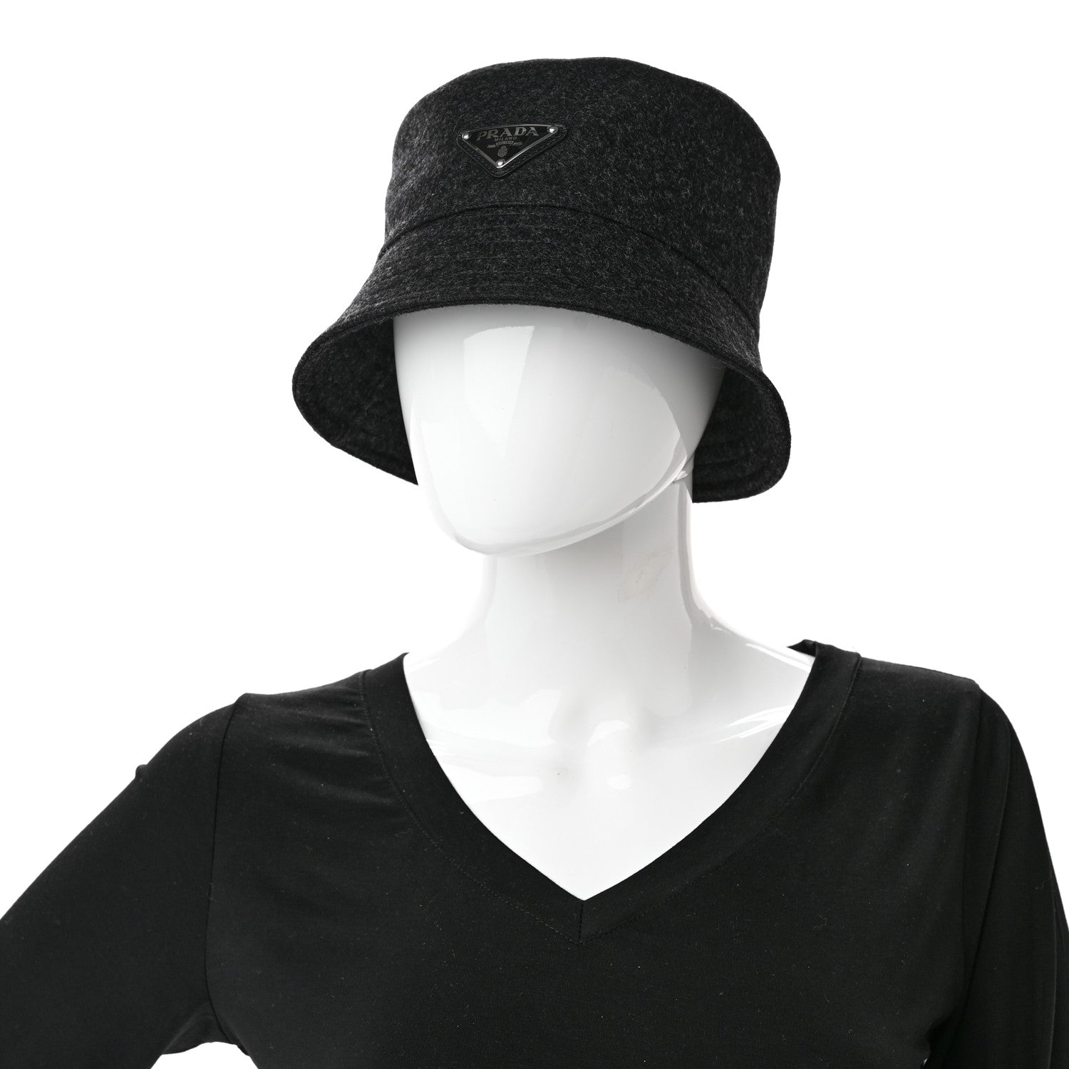 Prada Authentic Loden Wool Metal Triangle Logo Bucket Hat M Anthracite 2 of 8