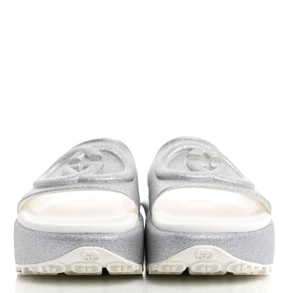 Gucci Glitter Rubber Womens Interlocking G Platform 42mm Slide Sandals 39 Silver 2 of 9