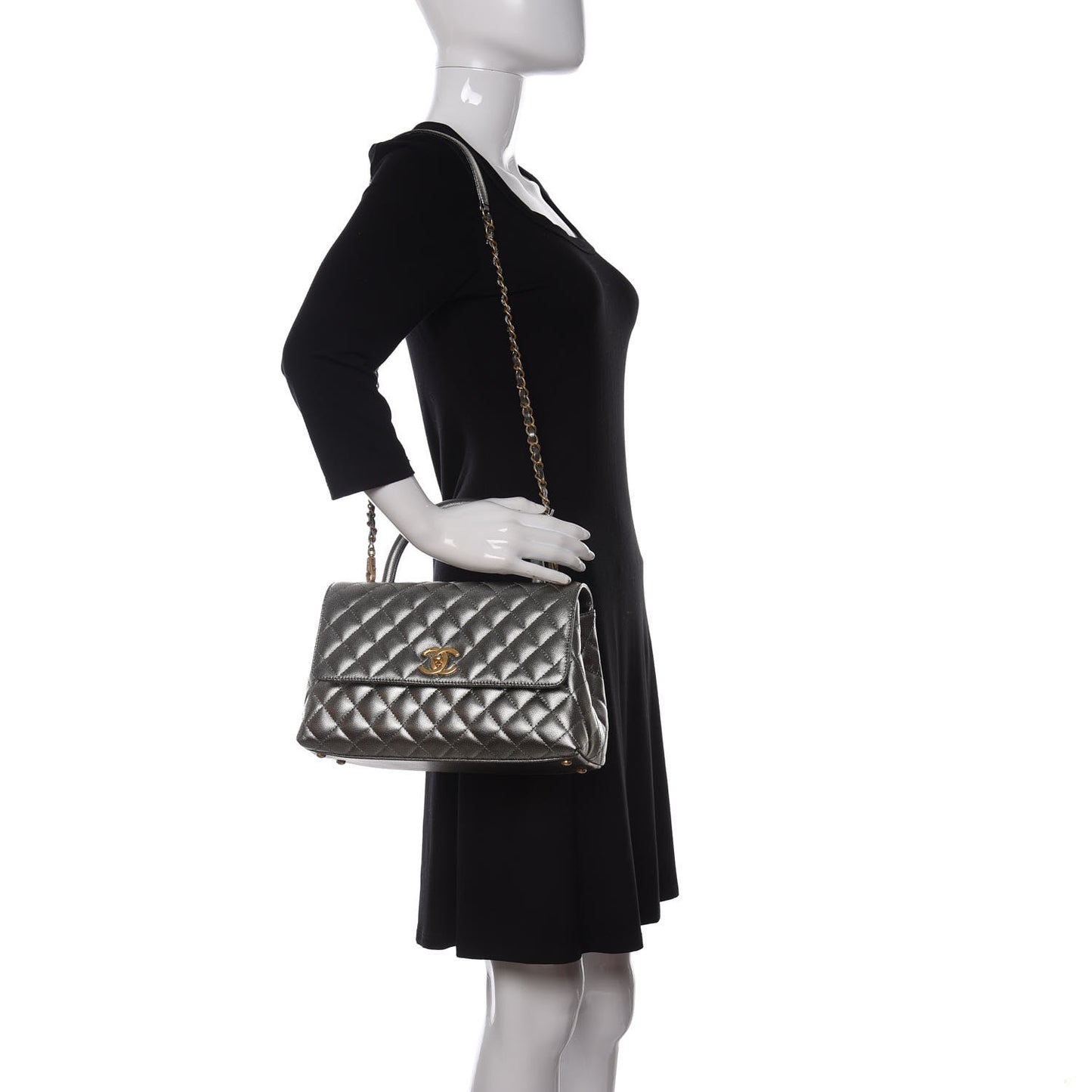 Metallic Caviar Quilted Small Coco Handle Flap Silver