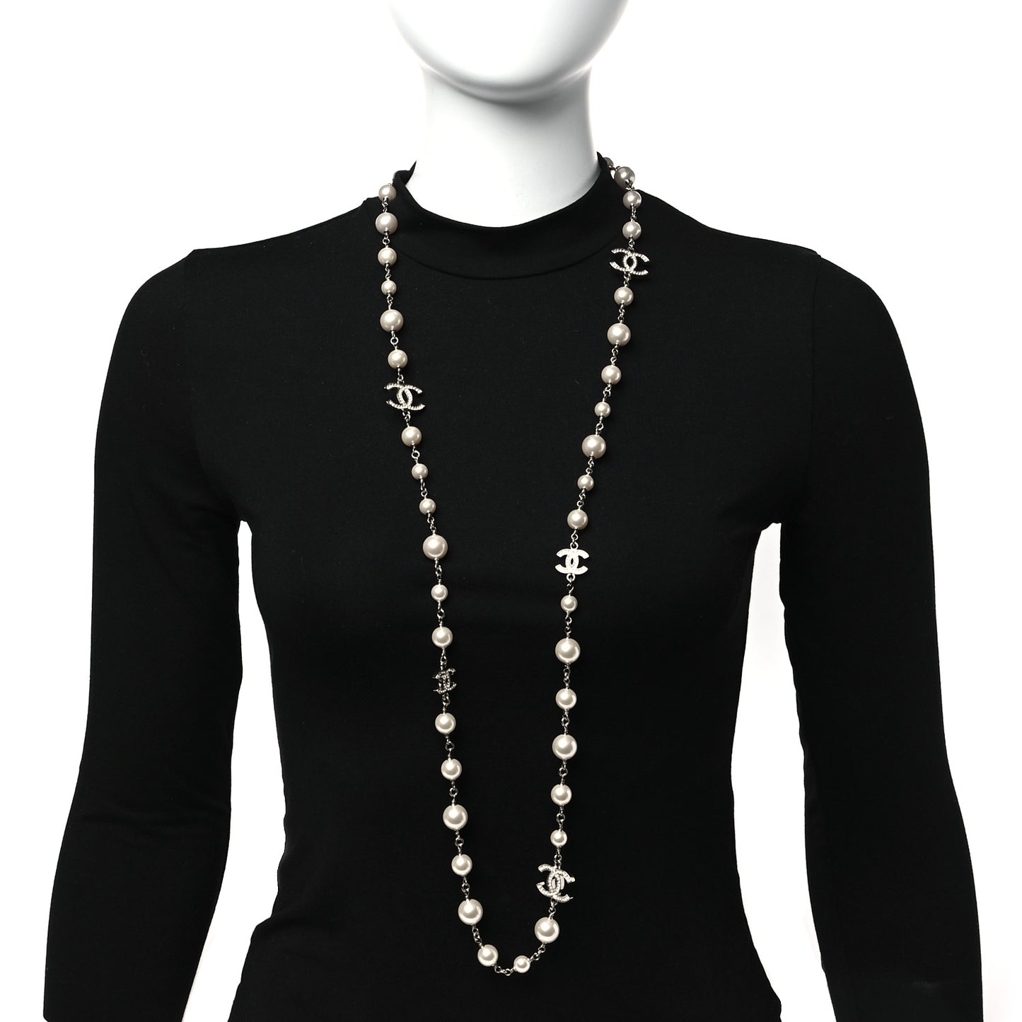 Graduated Pearl Crystal CC Long Necklace Silver