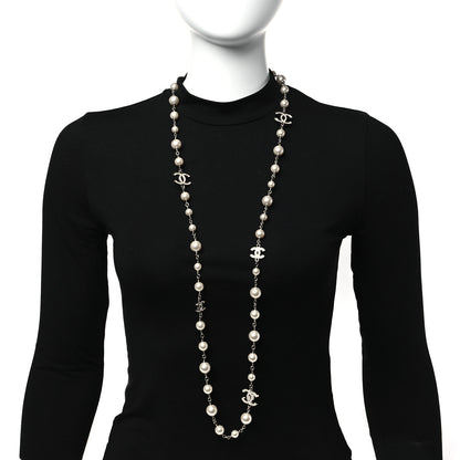 Chanel Graduated Pearl Crystal CC Long Necklace Silver 2 of 5