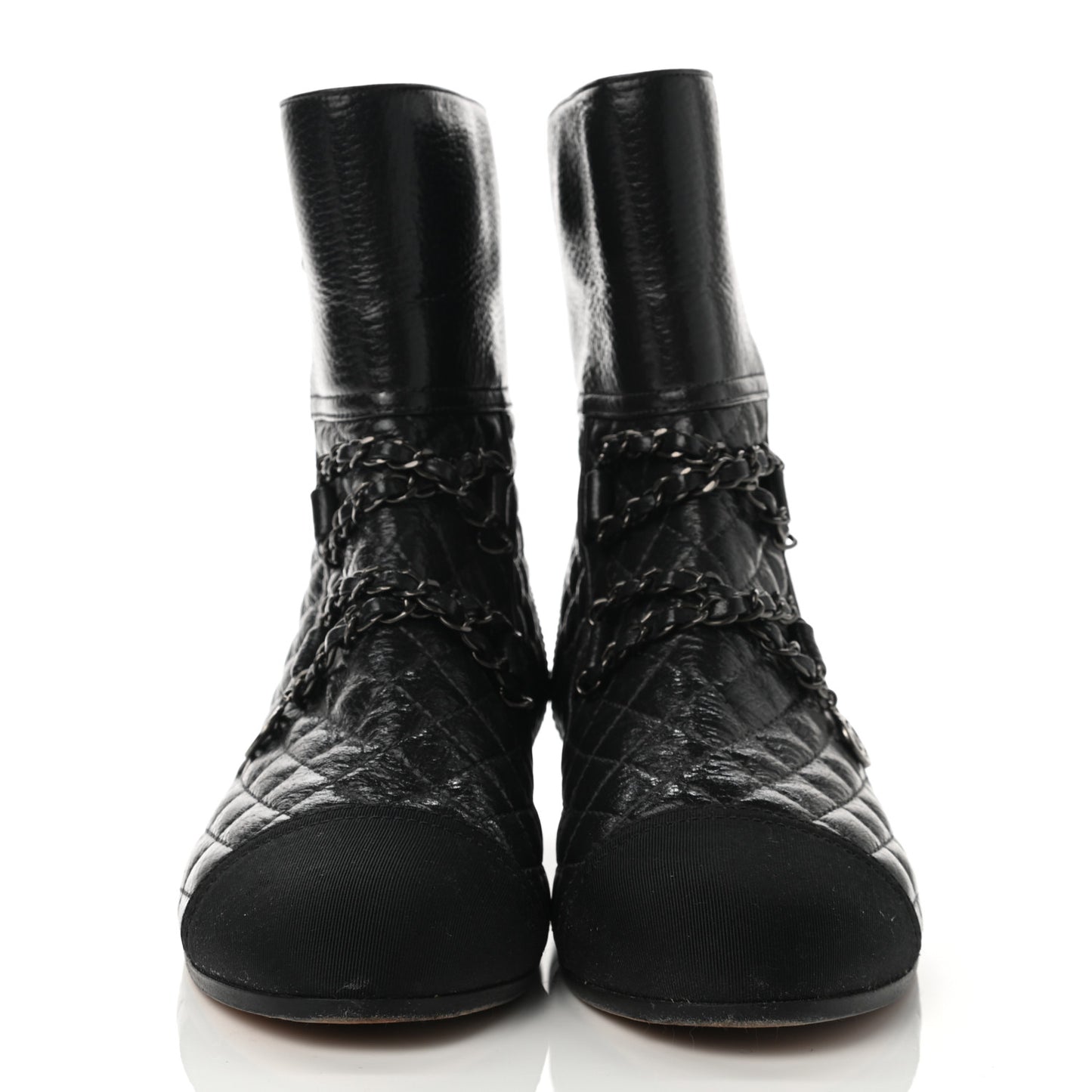 Glazed Deerskin Grosgrain Quilted Cap Toe Chain Boots 38 Grey Black