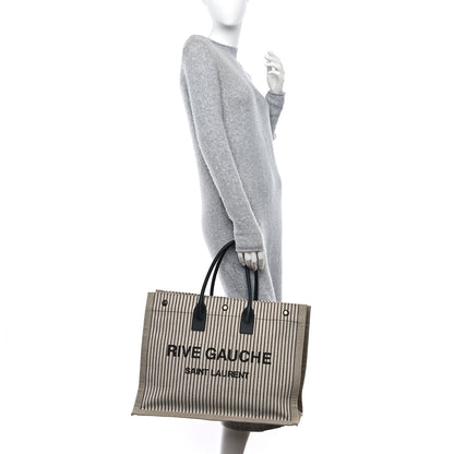 Saint Laurent Embroidered Cotton Linen Rive Gauche Noe Tote Natural Black 2 of 9