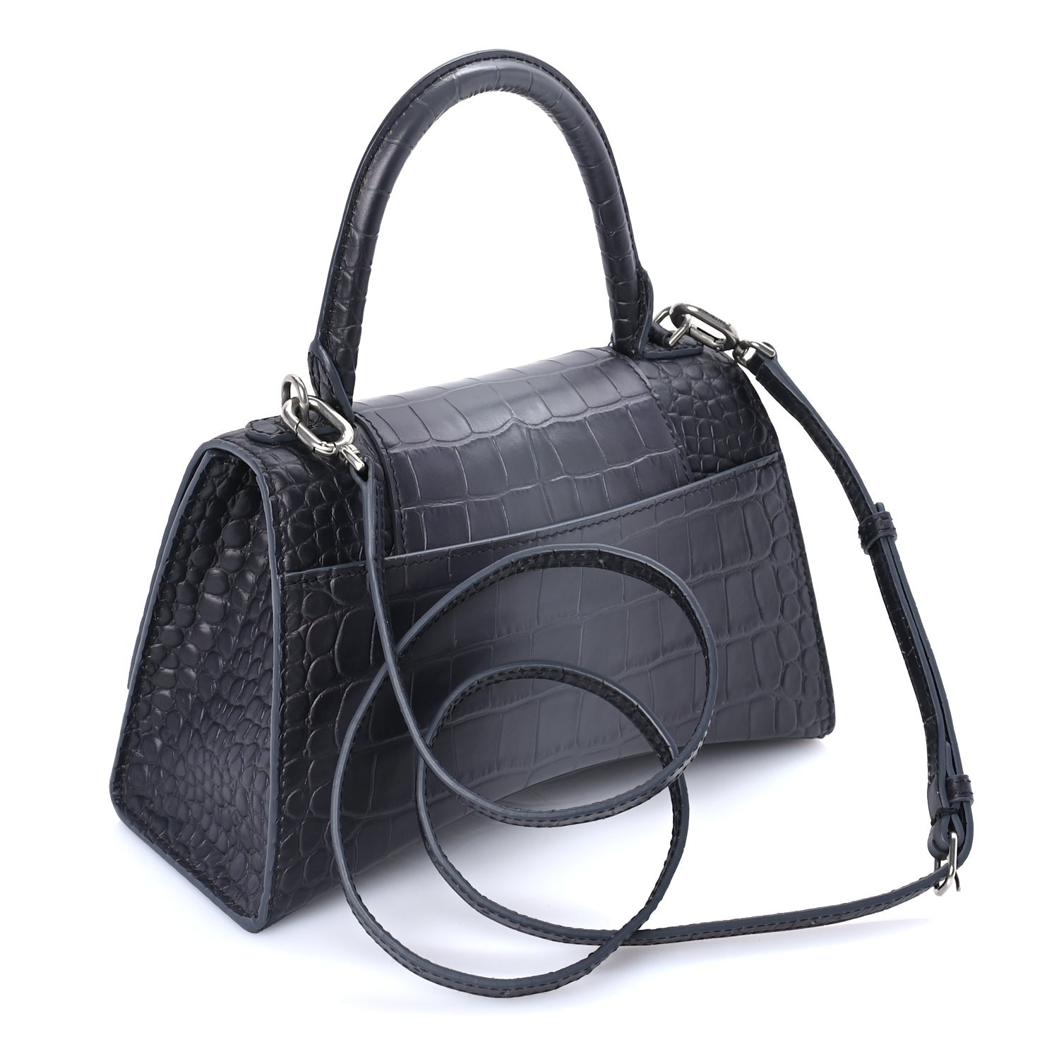 Balenciaga Shiny Calfskin Crocodile Embossed Small Hourglass Top Handle Bag  Dark Grey 2 of 7