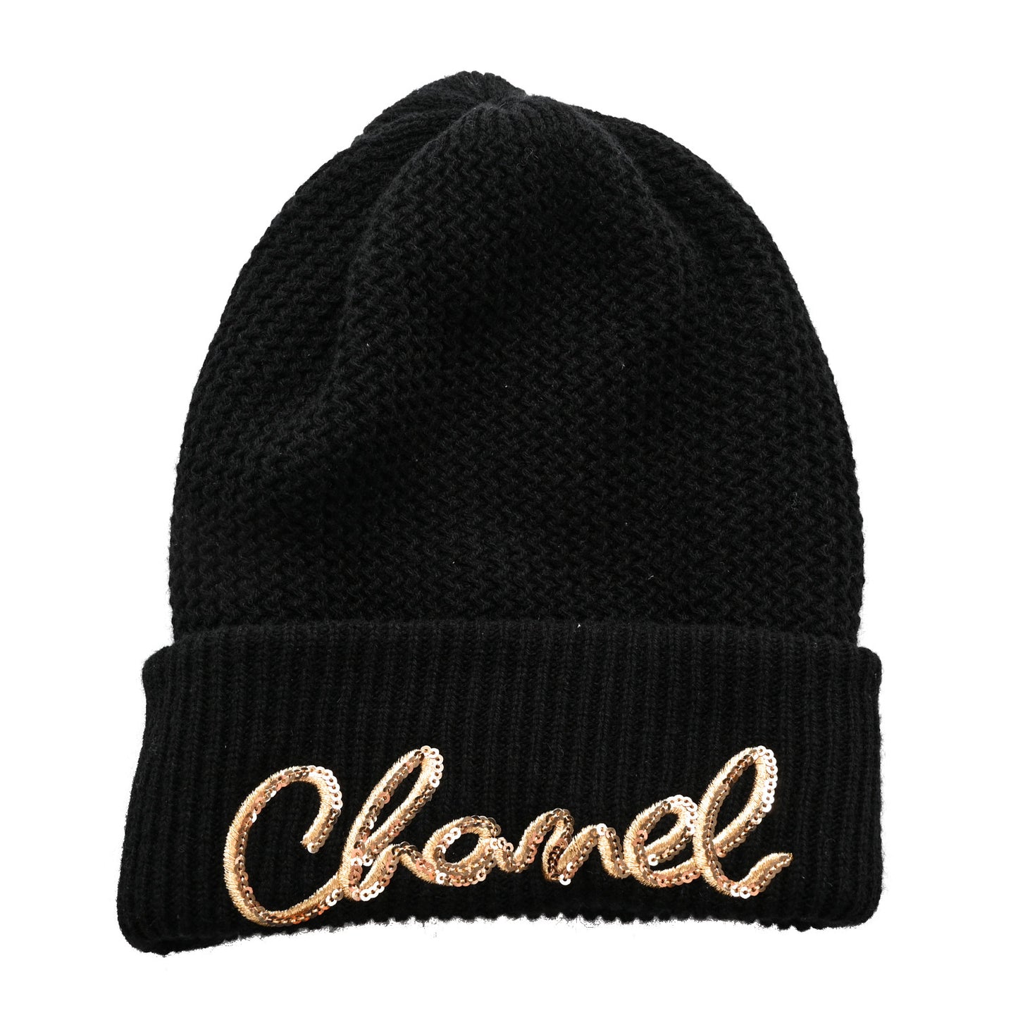 Cashmere Sequin Logo Beanie Hat Black Gold