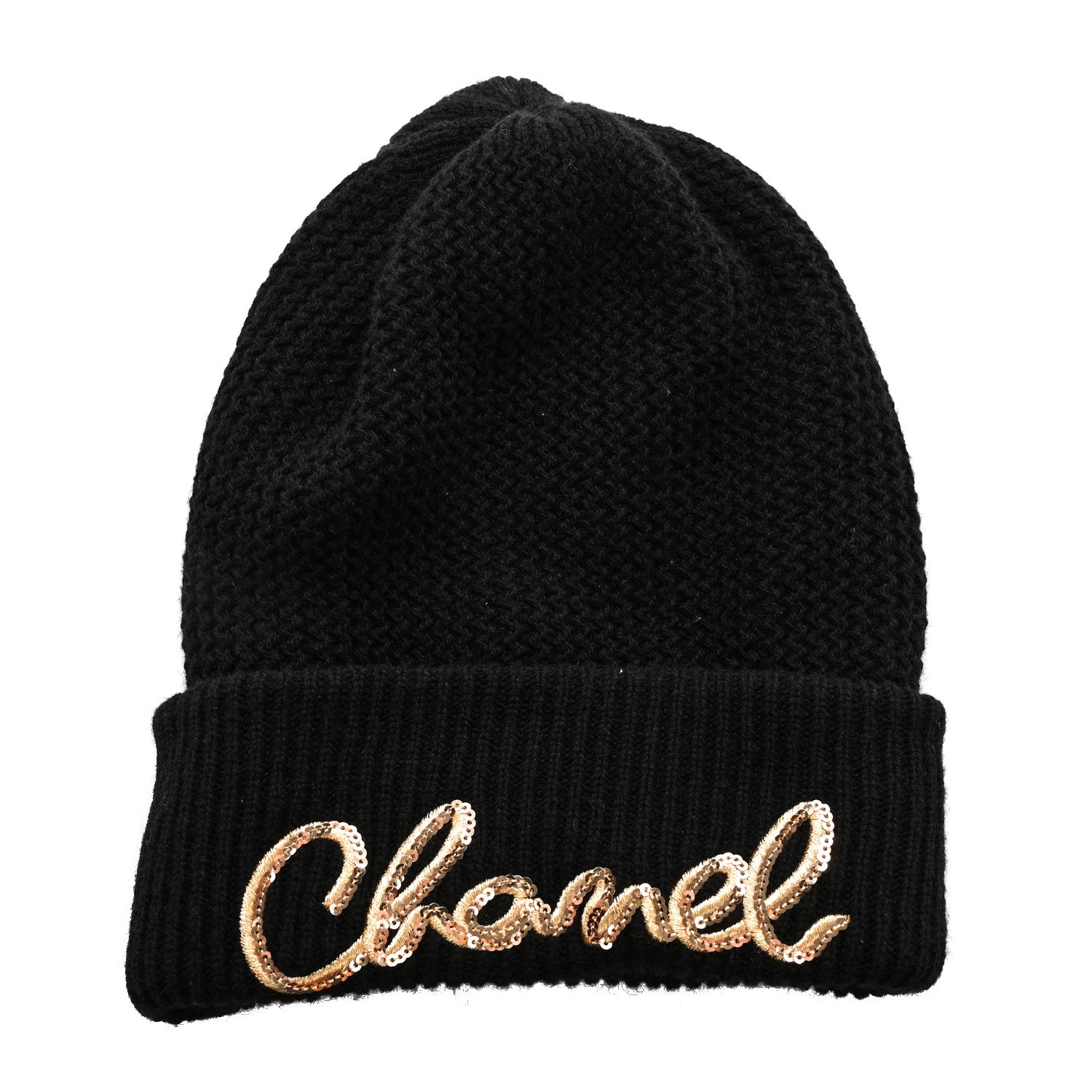Chanel Cashmere Sequin Logo Beanie Hat Black Gold 1 of 6