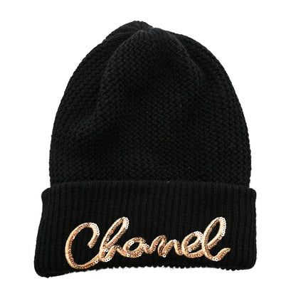 Chanel Cashmere Sequin Logo Beanie Hat Black Gold 1 of 6