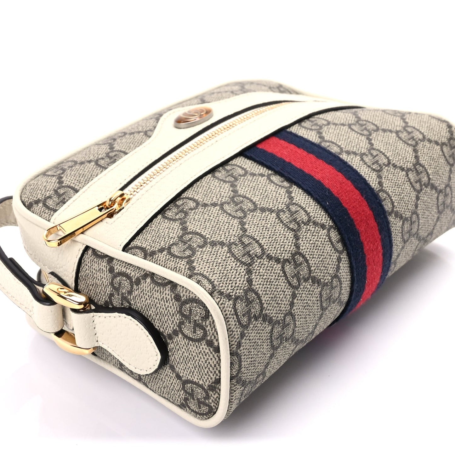 GG Supreme Monogram Textured Calfskin Web Mini Ophidia Shoulder Bag Beige Ebony Mystic White