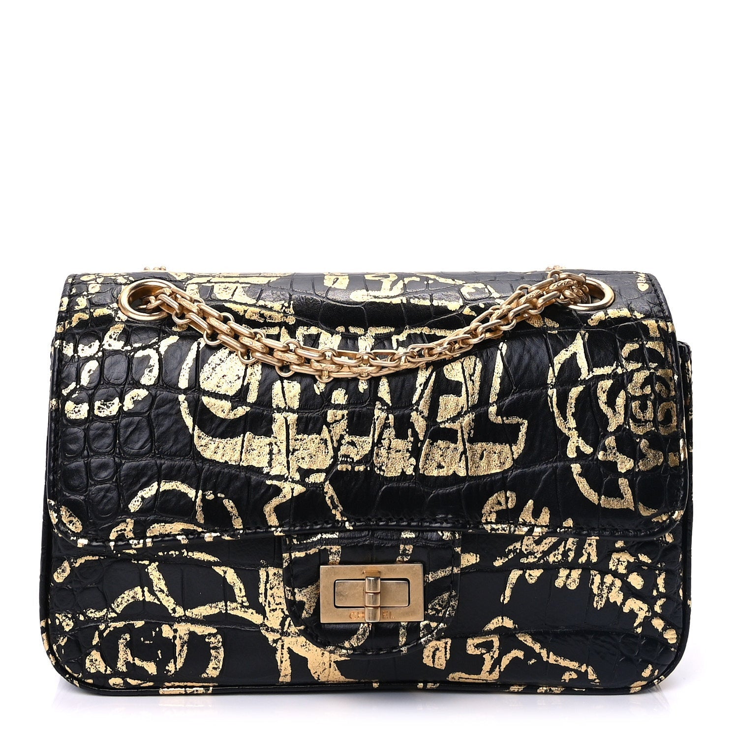 Chanel Calfskin Crocodile Embossed Graffiti 2.55 Mini Cocodile Reissue Flap  Black Gold 1 of 8