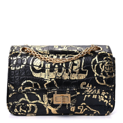 Chanel Calfskin Crocodile Embossed Graffiti 2.55 Mini Cocodile Reissue Flap  Black Gold 1 of 8