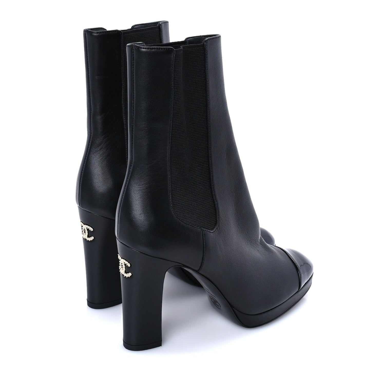 Lambskin Patent Cap Toe Pearl CC Ankle Boots 37.5 Black