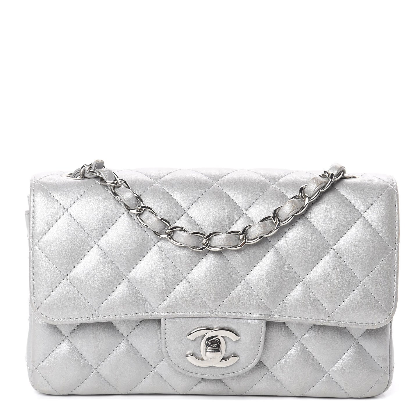 Metallic Lambskin Quilted Mini Rectangular Flap Silver