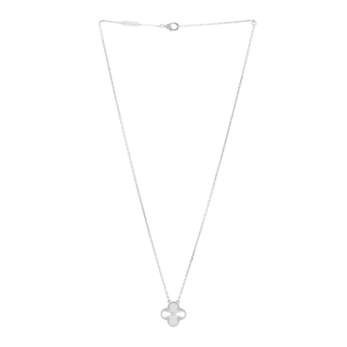 18K White Gold Diamond Guilloche Vintage Alhambra Pendant Necklace