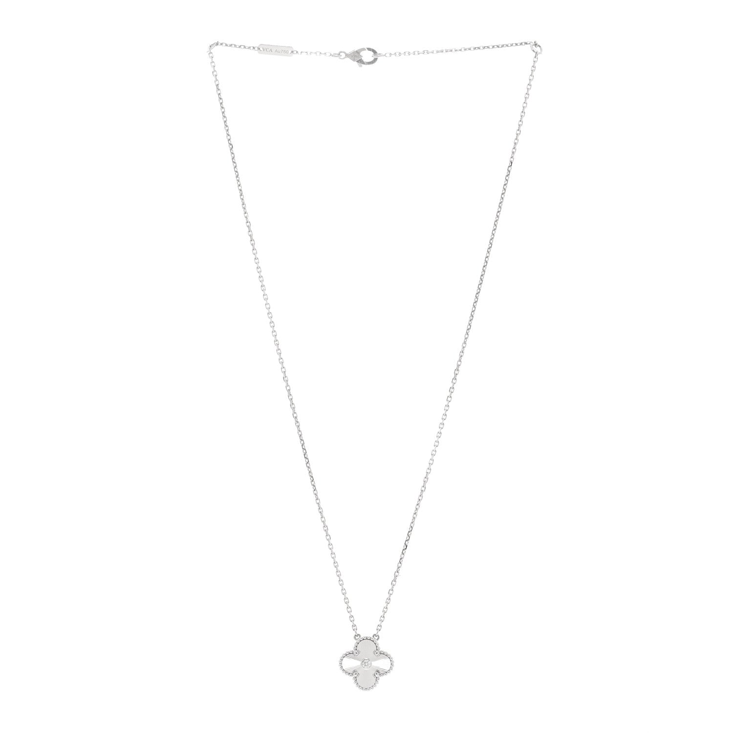 Van Cleef & Arpels 18K White Gold Diamond Guilloche Vintage Alhambra Pendant Necklace 3 of 5