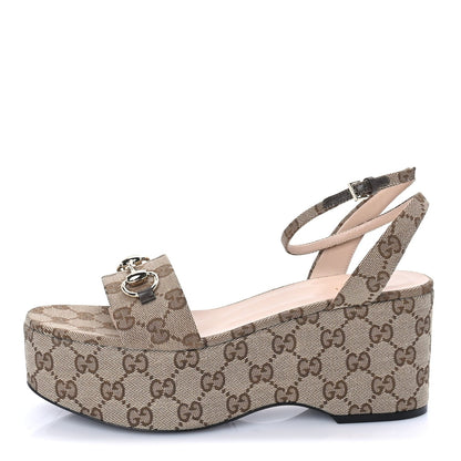 Gucci Monogram Nappa Chalotte Horsebit Ankle Strap 75mm Platform Sandals 39  Beige Ebony 1 of 7