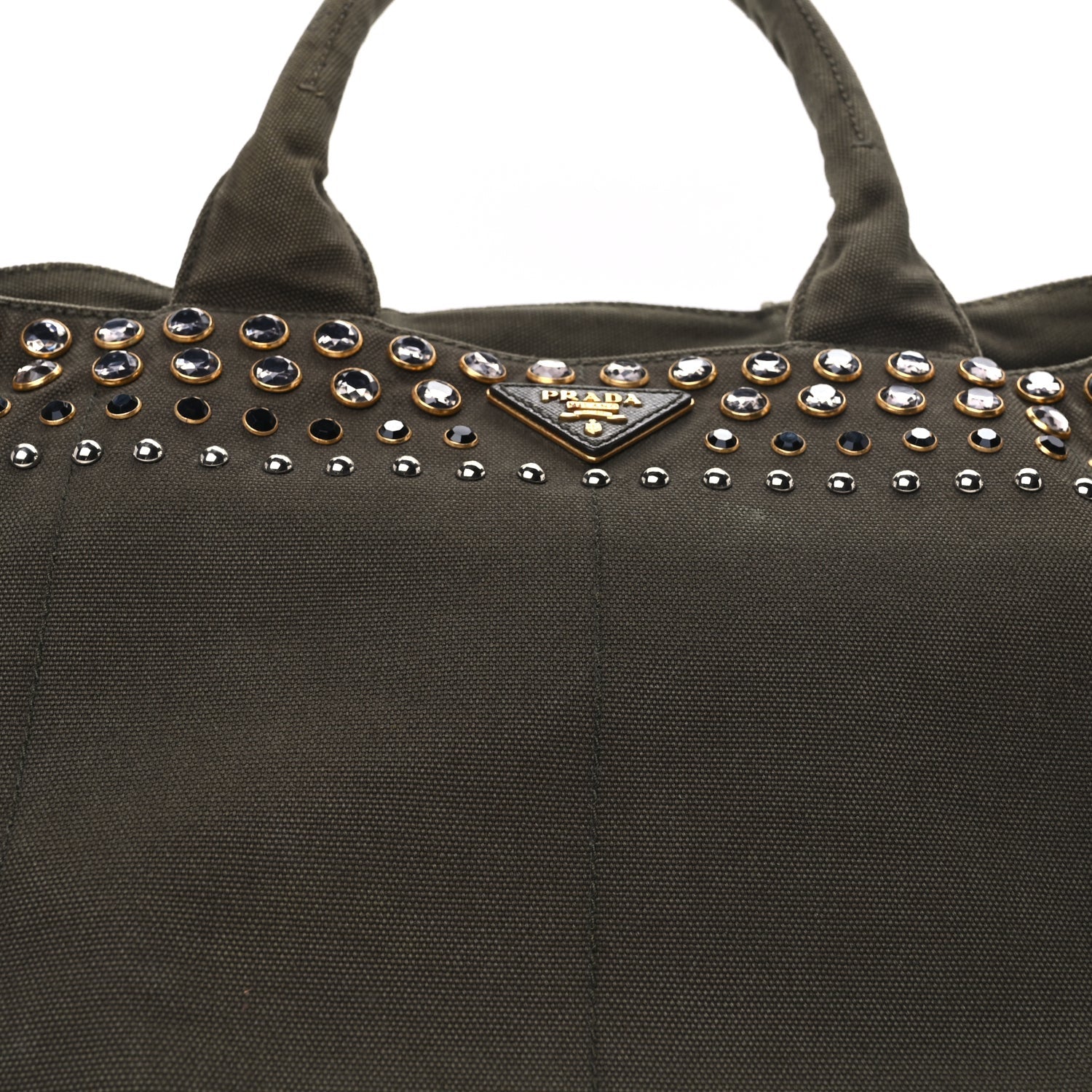 Prada Canvas Studded Crystal Large Canapa Tote  Militare 6 of 8