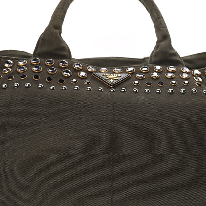 Prada Canvas Studded Crystal Large Canapa Tote  Militare 6 of 8