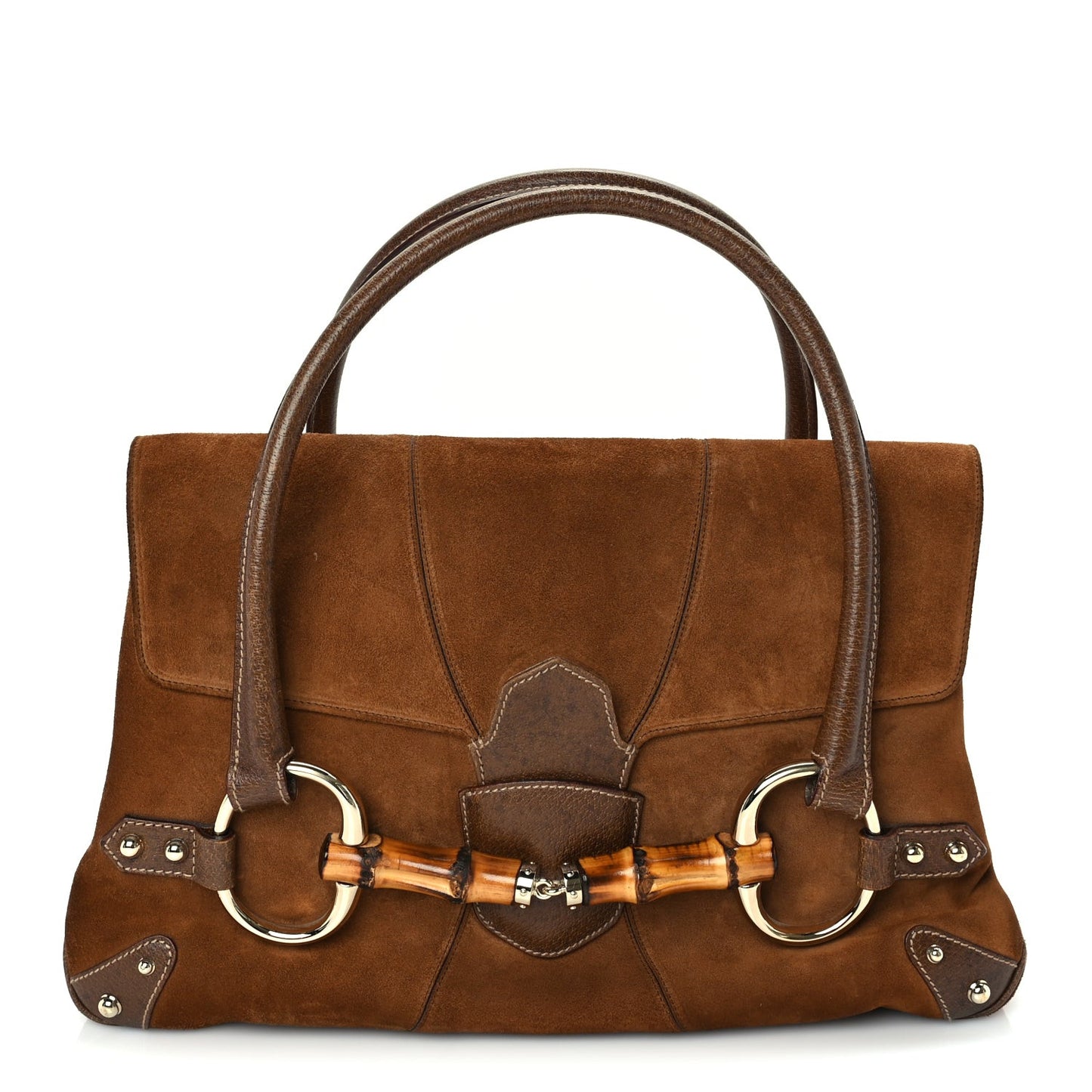 Suede Bamboo Horsebit Large Flap Bag Brown