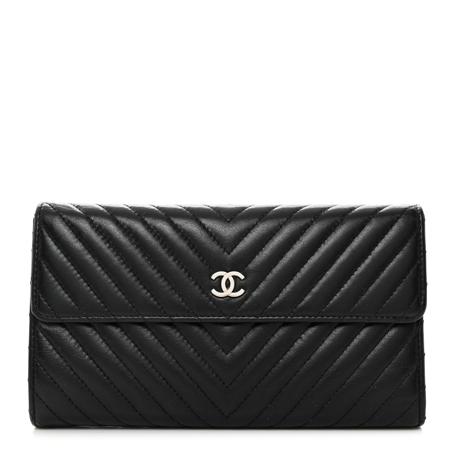 Lambskin Chevron Quilted Large Flap Clutch Wallet Black