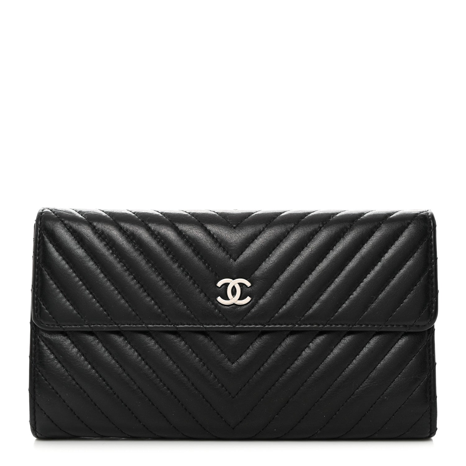 Chanel Lambskin Chevron Quilted Large Flap Clutch Wallet Black 1 of 8