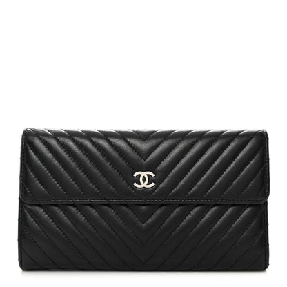 Chanel Lambskin Chevron Quilted Large Flap Clutch Wallet Black 1 of 8