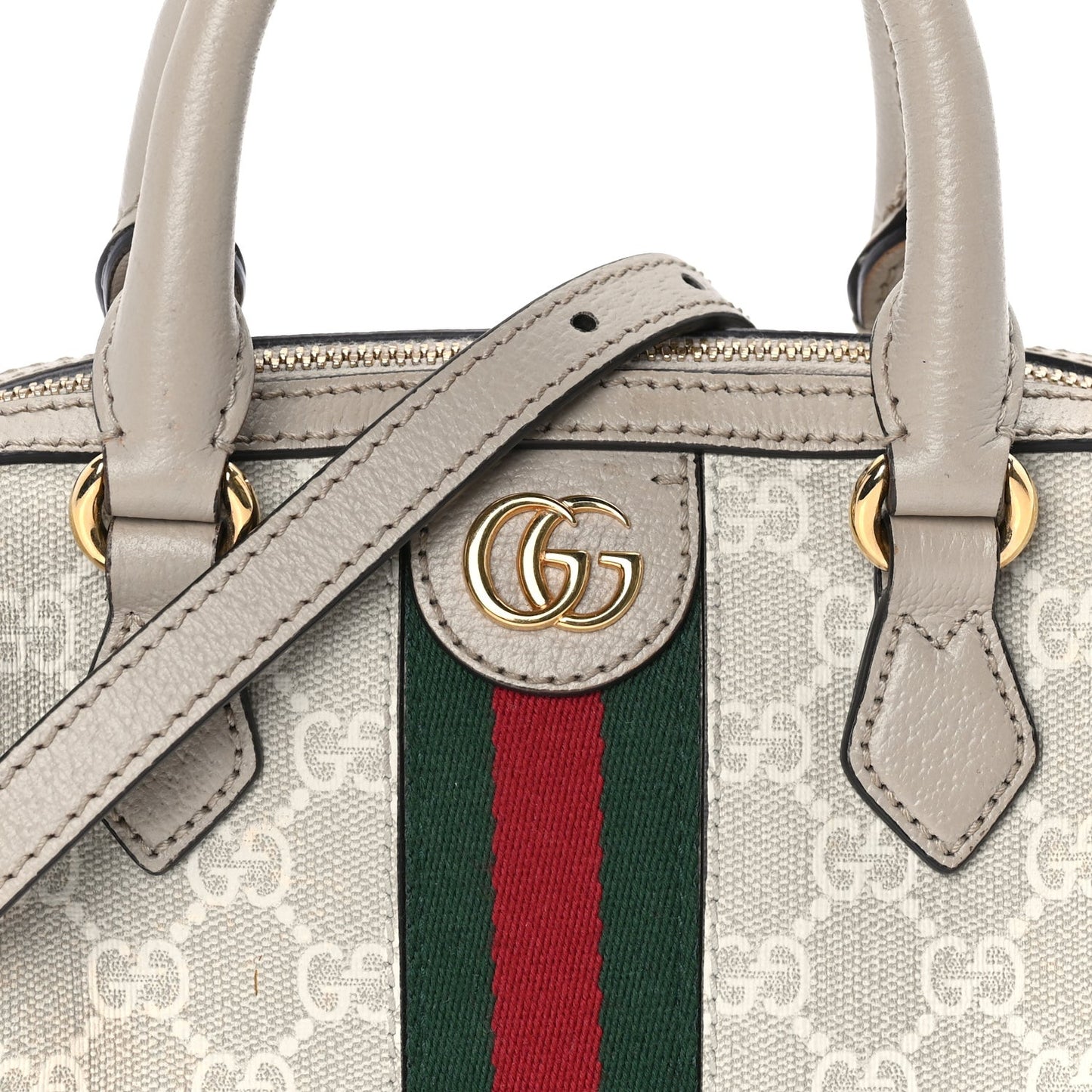 GG Supreme Monogram Textured Dollar Calfskin Web Mini Ophidia Top Handle Bag Beige Mystic White Oatmeal