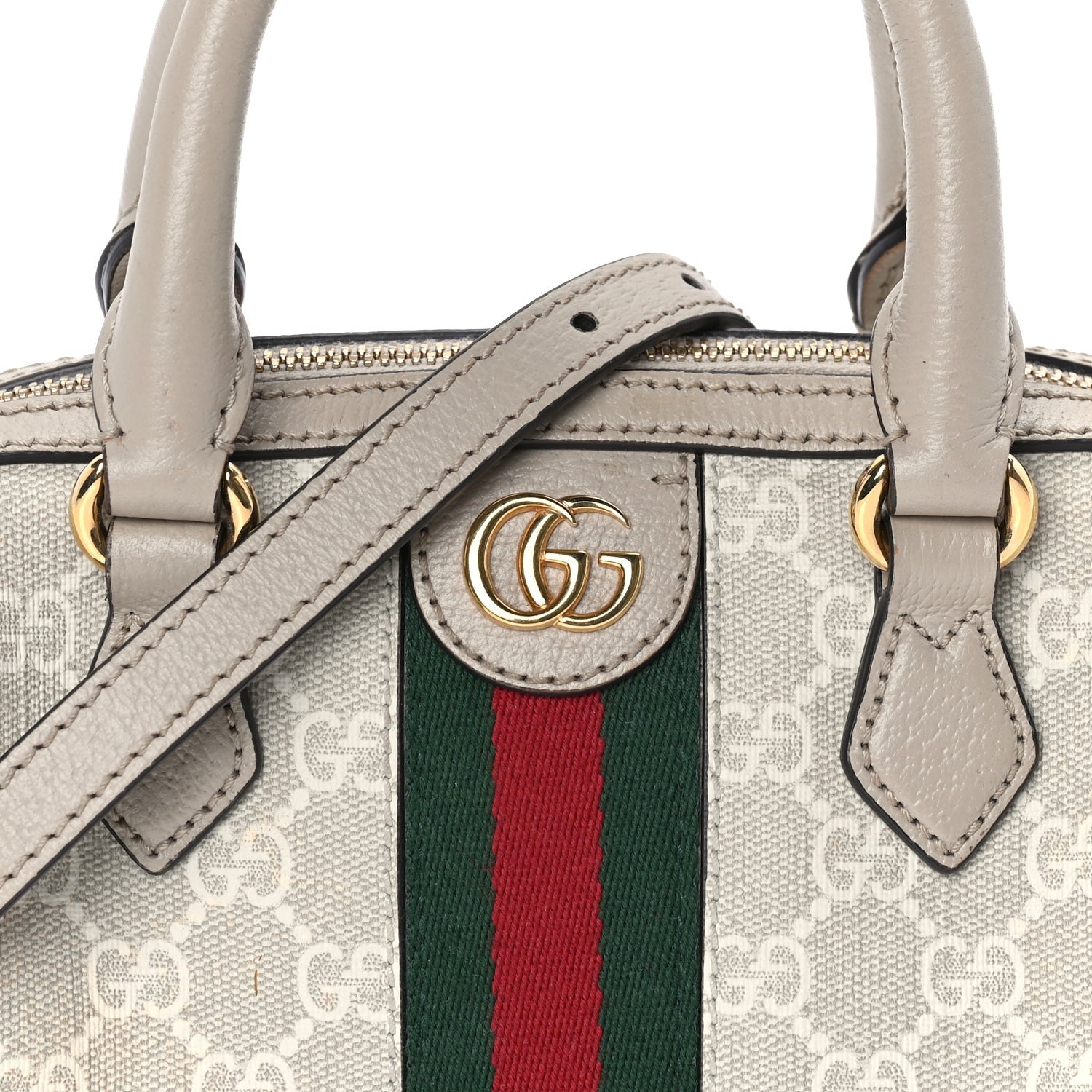 Gucci GG Supreme Monogram Textured Dollar Calfskin Web Mini Ophidia Top Handle Bag Beige Mystic White Oatmeal 6 of 7