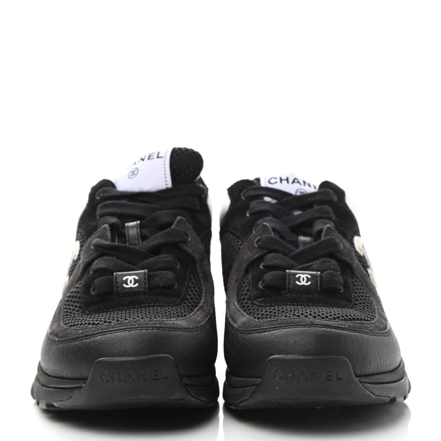 Chanel Mesh Suede Grained Calfskin Womens CC Sneakers 37 Black White 2 of 9