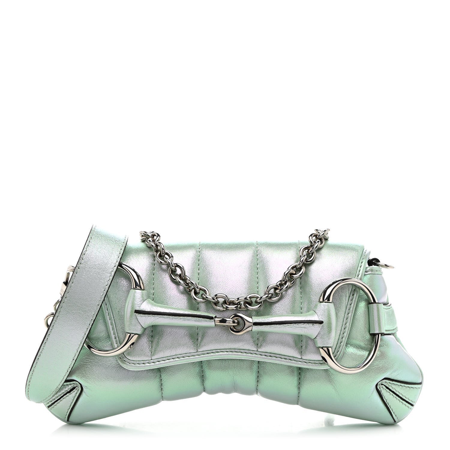 Gucci Iridescent Nappa Vertical Matelasse Medium Maxi Horsebit Chain Shoulder Bag Iridescent Salvy Green 1 of 7