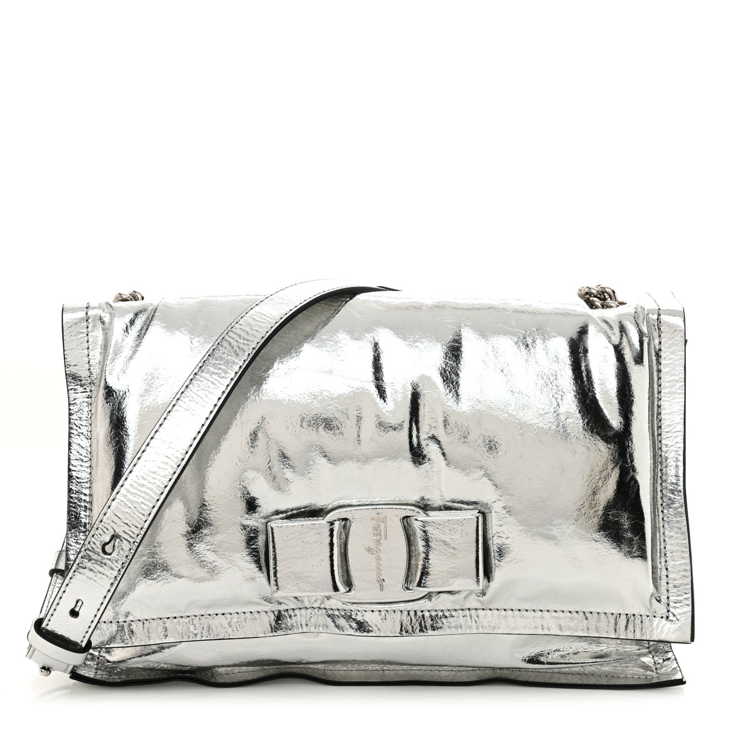 Metallic Calfskin Small Viva Bow Shoulder Bag Silver