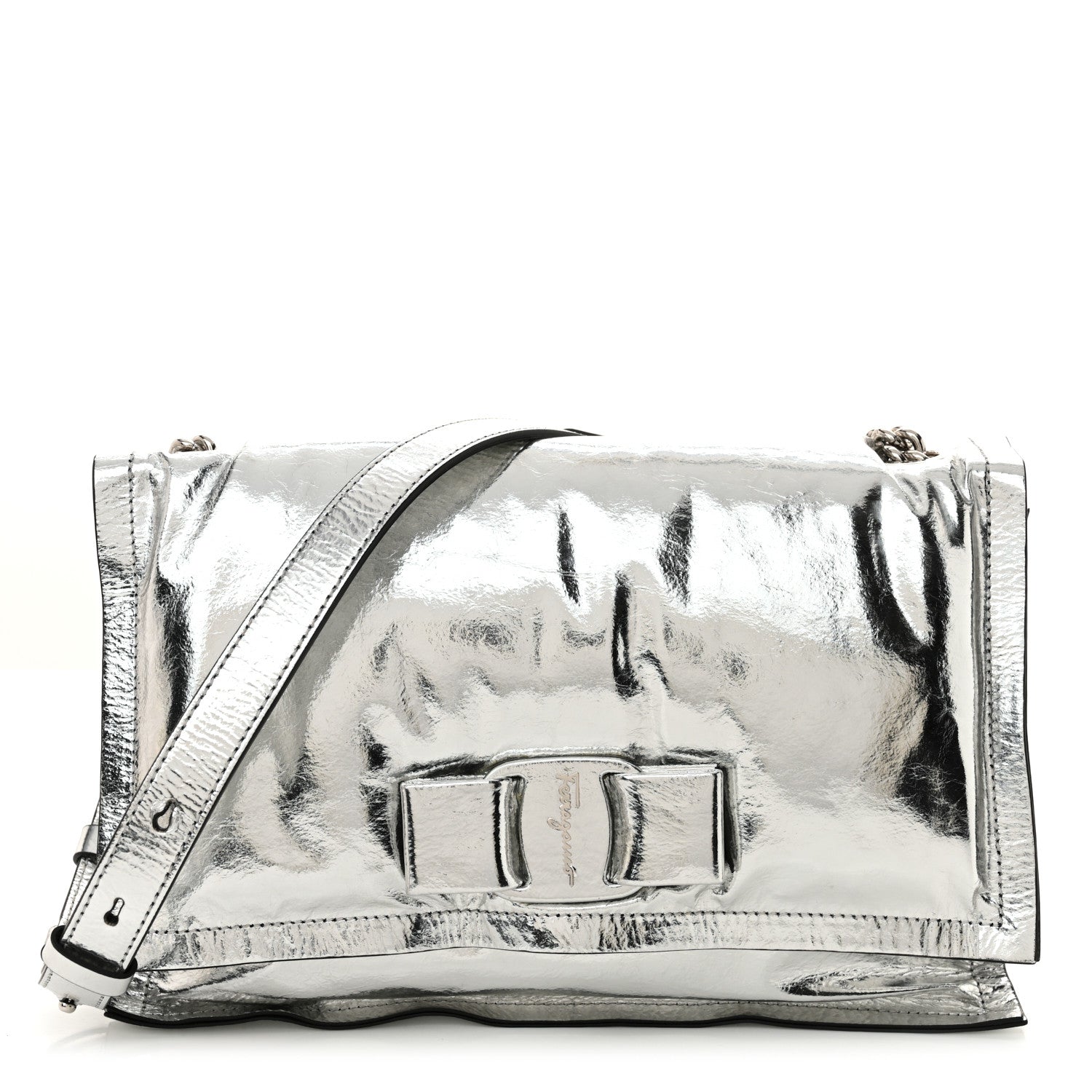Salvatore Ferragamo Metallic Calfskin Small Viva Bow Shoulder Bag Silver 1 of 11