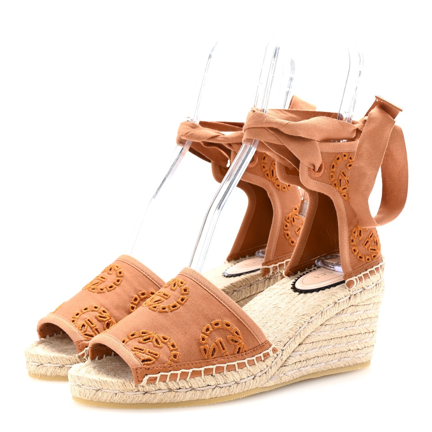 Gucci Canvas Damita GG Eyelet Espadrille Wedge Sandals 37 Blondie Cognac 4 of 7