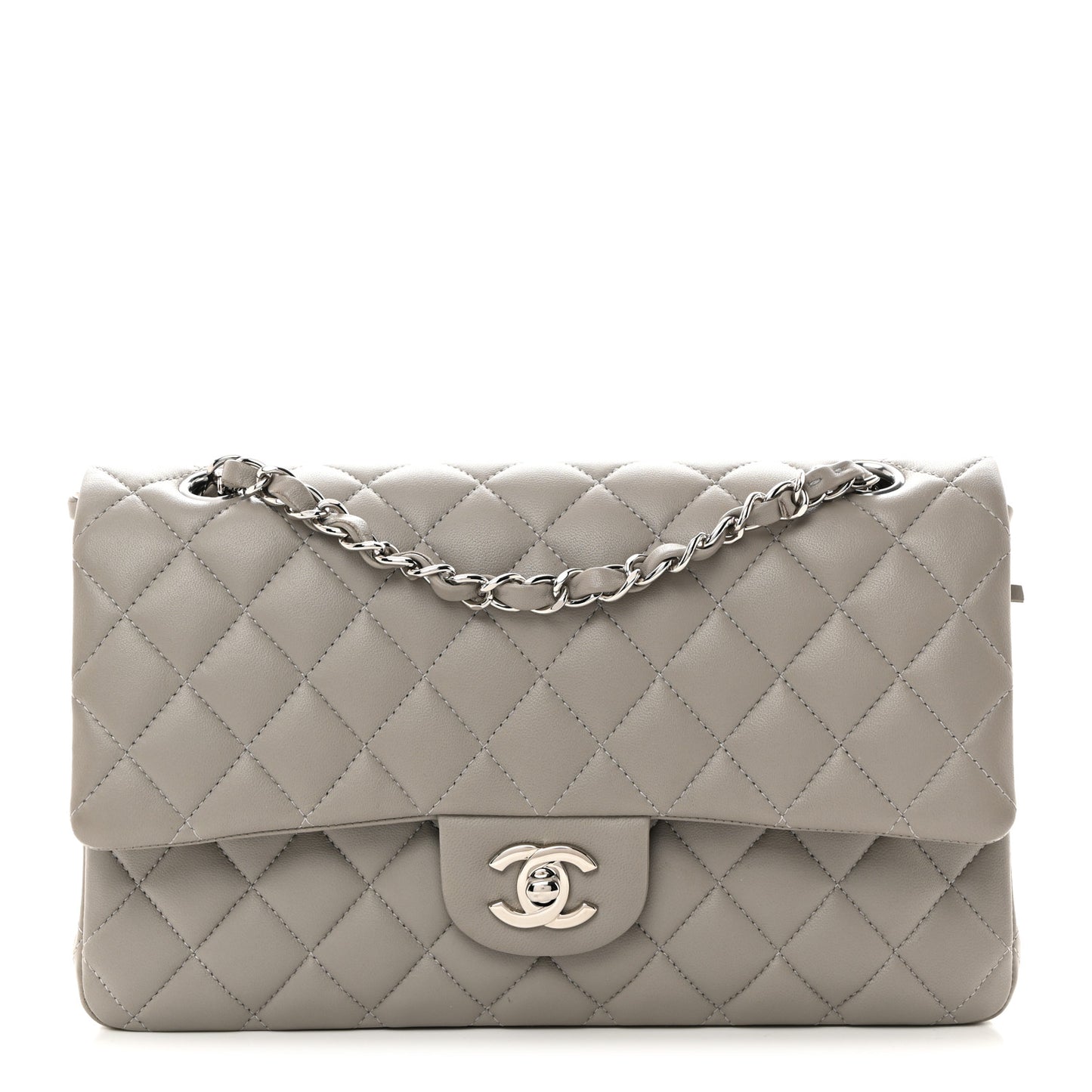 Lambskin Quilted Medium Double Flap Grey