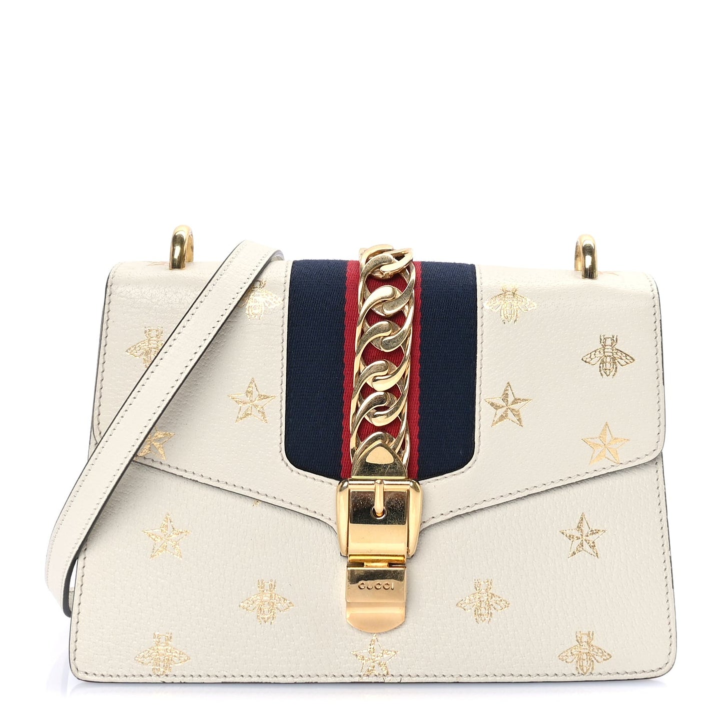 Textured Calfskin Bee Star Print Small Sylvie Shoulder Bag  Mystic White