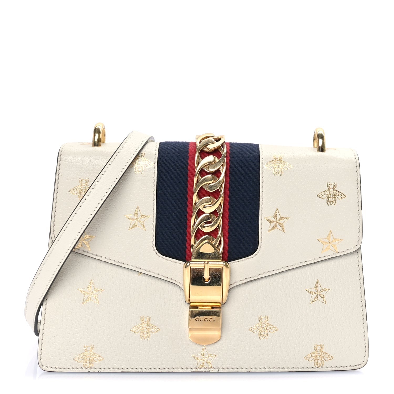 Gucci Textured Calfskin Bee Star Print Small Sylvie Shoulder Bag  Mystic White 1 of 7