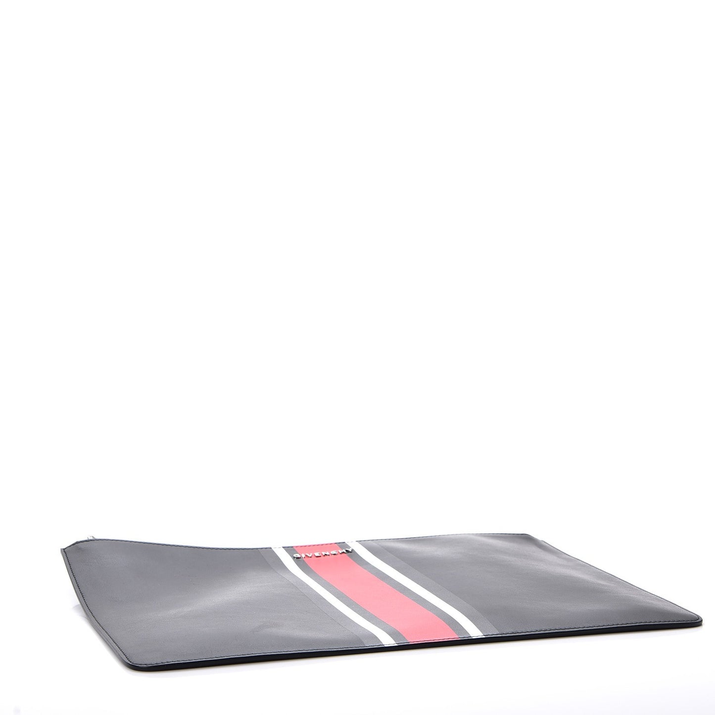 Calfskin Striped Large Zip Pouch Black