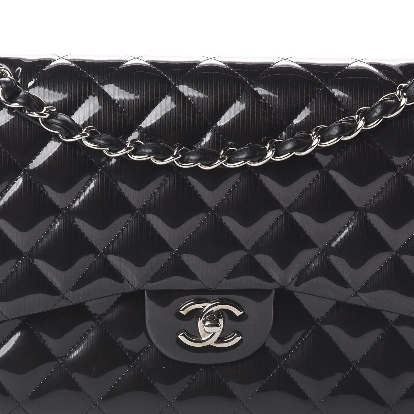 Striated Patent Quilted Jumbo Double Flap Black