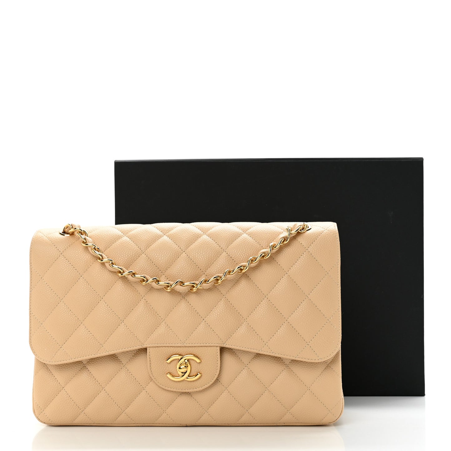 Caviar Quilted Jumbo Double Flap Beige Clair