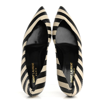 Saint Laurent Elaphe Snakeskin Striped Kiki Kitten Heel Pumps 38.5 Black Off White 2 of 7